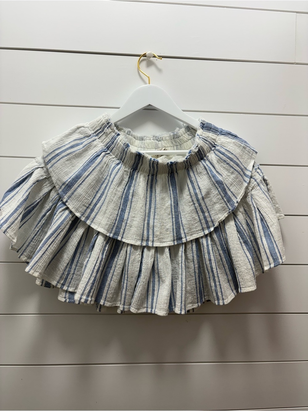 Love Shack Fancy Striped Ruffled Tiered Skirt in Cream and Blue